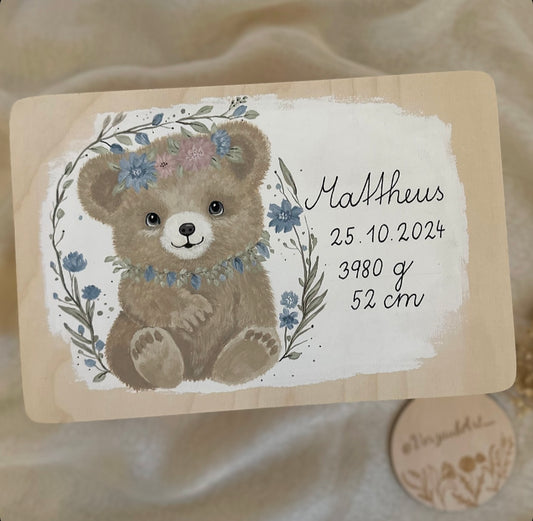 Spielzeug- und Erinnerungskiste - Bärchen mit Blumenkranz